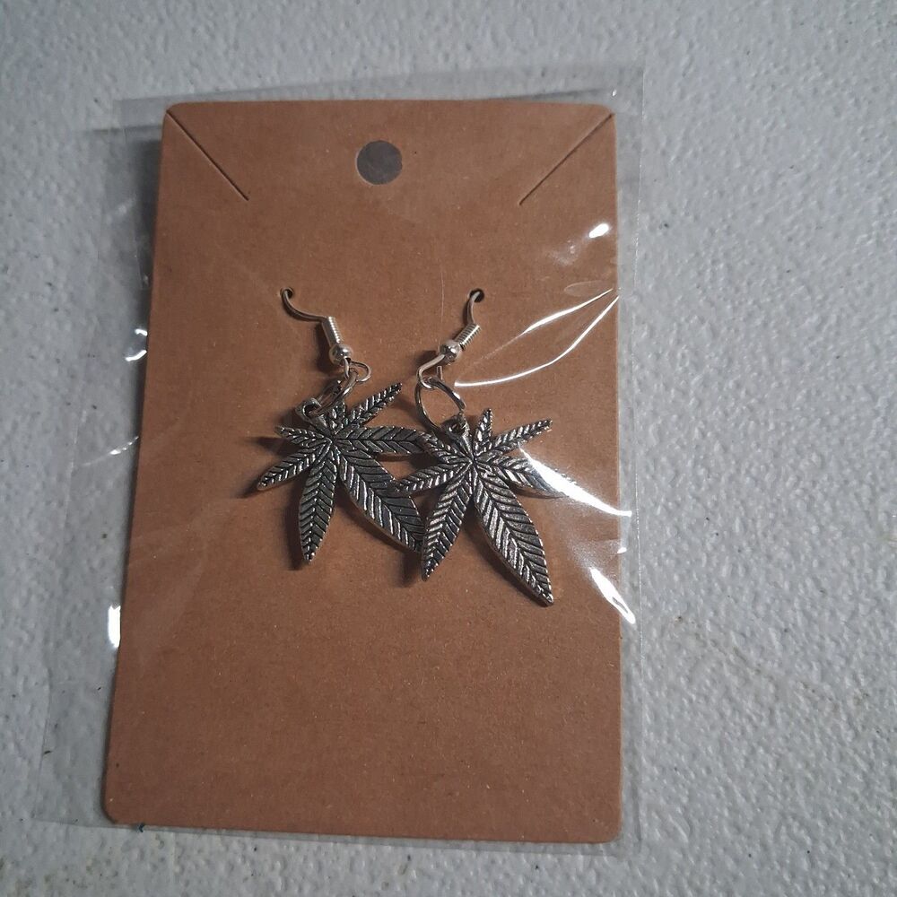 Simple Silvertone Dangling Cannbis Leaf Charm Handmade Earrings